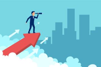 Concept graphic design of businessman on growing arrow looking in future with spyglass against cityscape